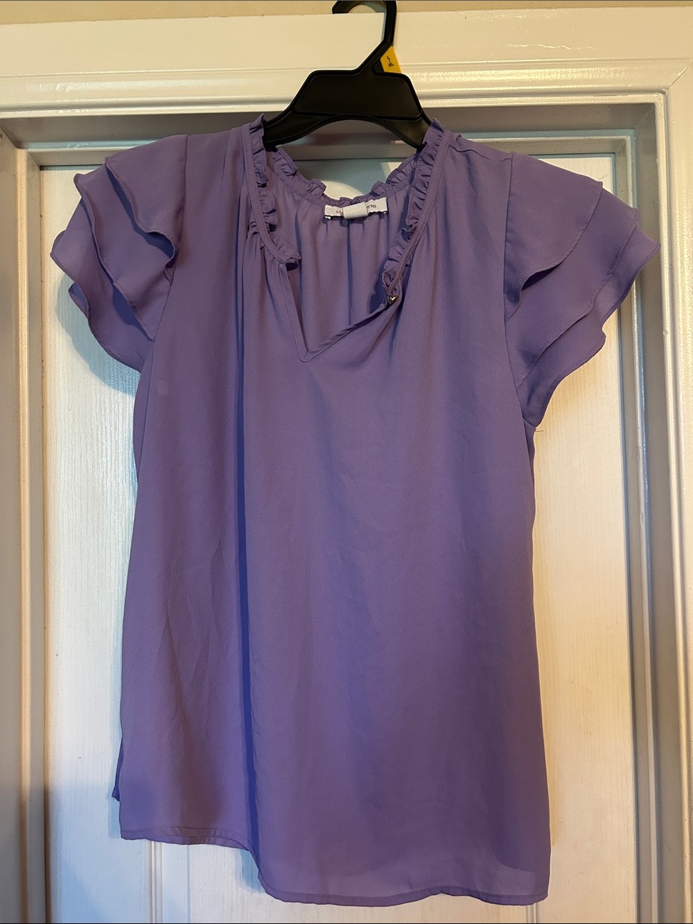 Womens Lavender Ruffle V-Neck Short Sleeve Blouse